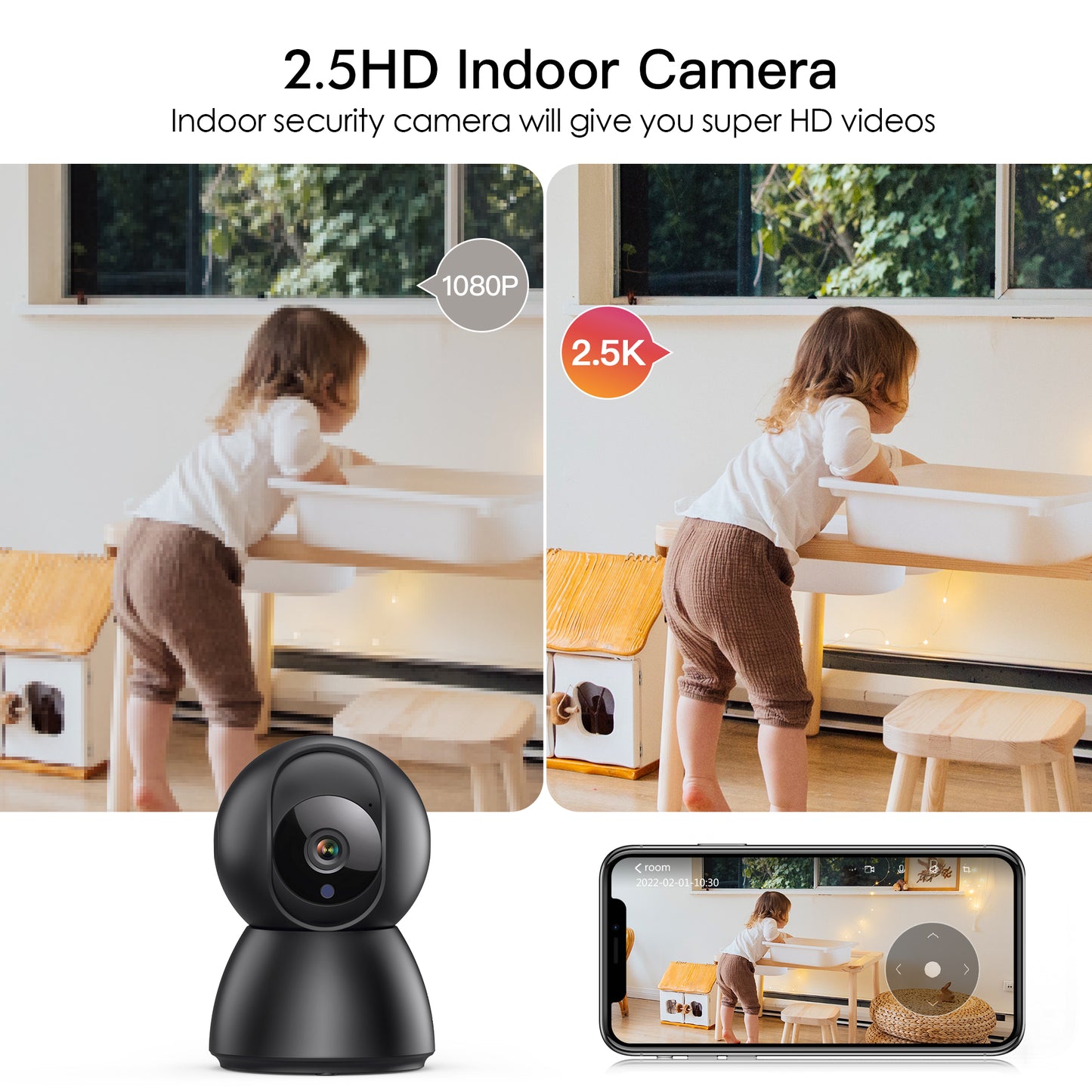 Menggood 2.5K Indoor Security Camera, 2.4/5GHz WiFi Cameras for Home Security -Black (MG-CAMERA001)