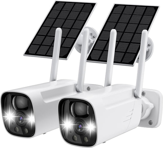 Menggood (2 Pack) 2K Outdoor Camera Wireless with Solar Panel (MG-CAMERA005) White