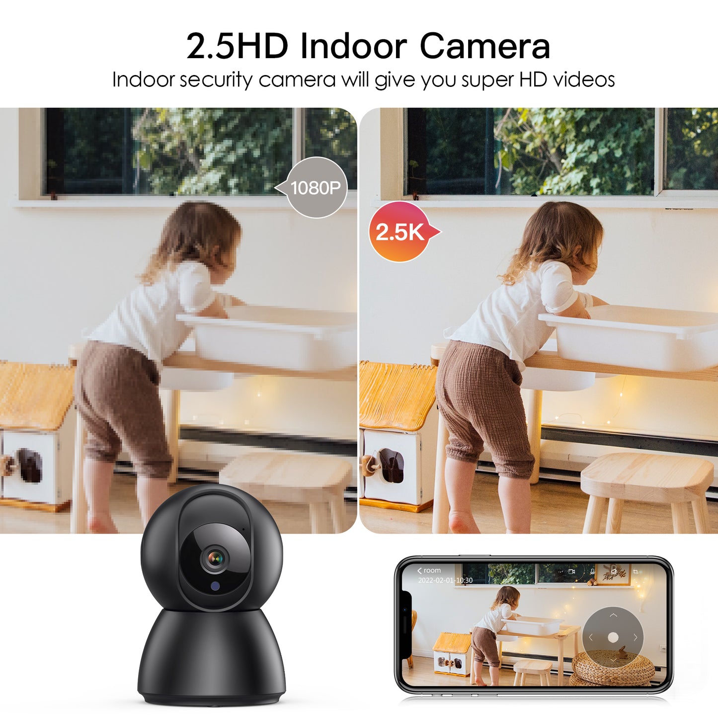 Menggood 2.5K Indoor Security Camera,  2.4/5GHz WiFi Cameras for Home Security -Black (MG-CAMERA001)